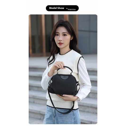 New Portable Nylon Cloth with Cowhide Shoulder Bag(Black)