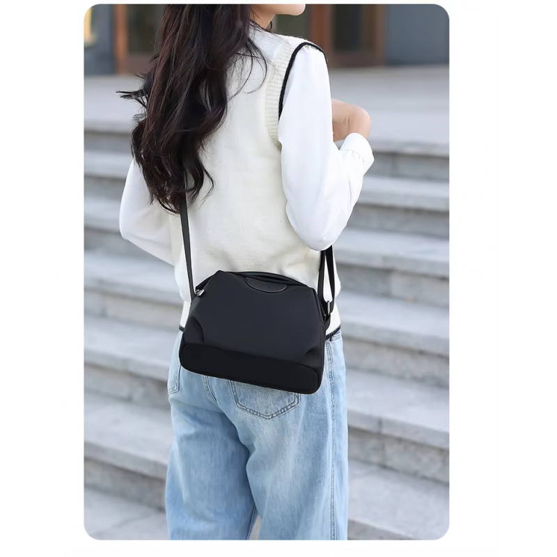 New Portable Nylon Cloth with Cowhide Shoulder Bag(Black)