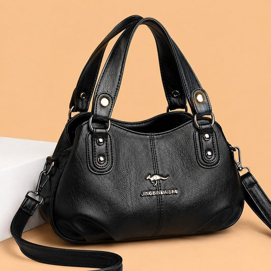 Soft Leather Ladies Cross Body Shoulder & Hand Bag (Black)