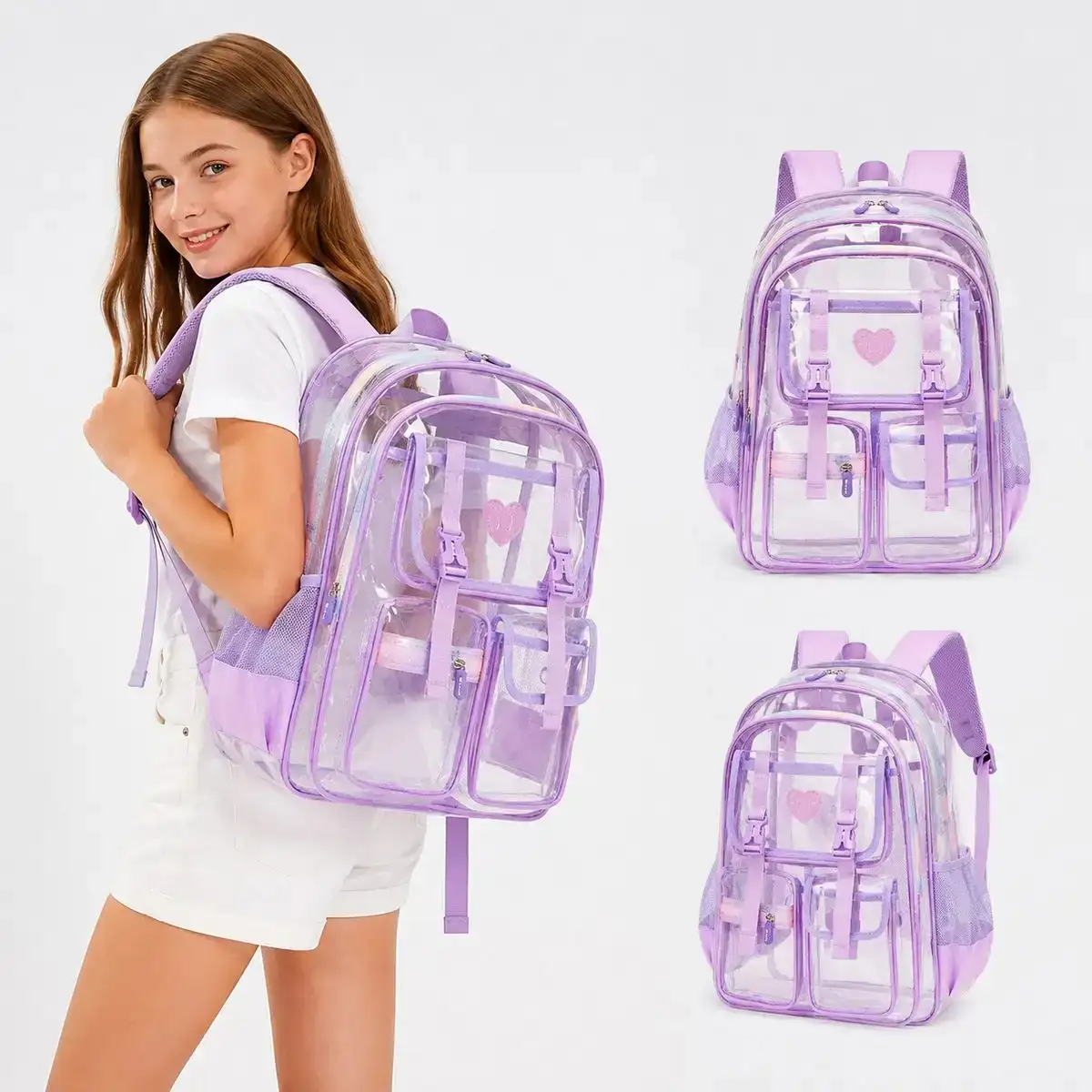 Smart Transparent Multi-Compartment Waterproof School Bag (Purple)