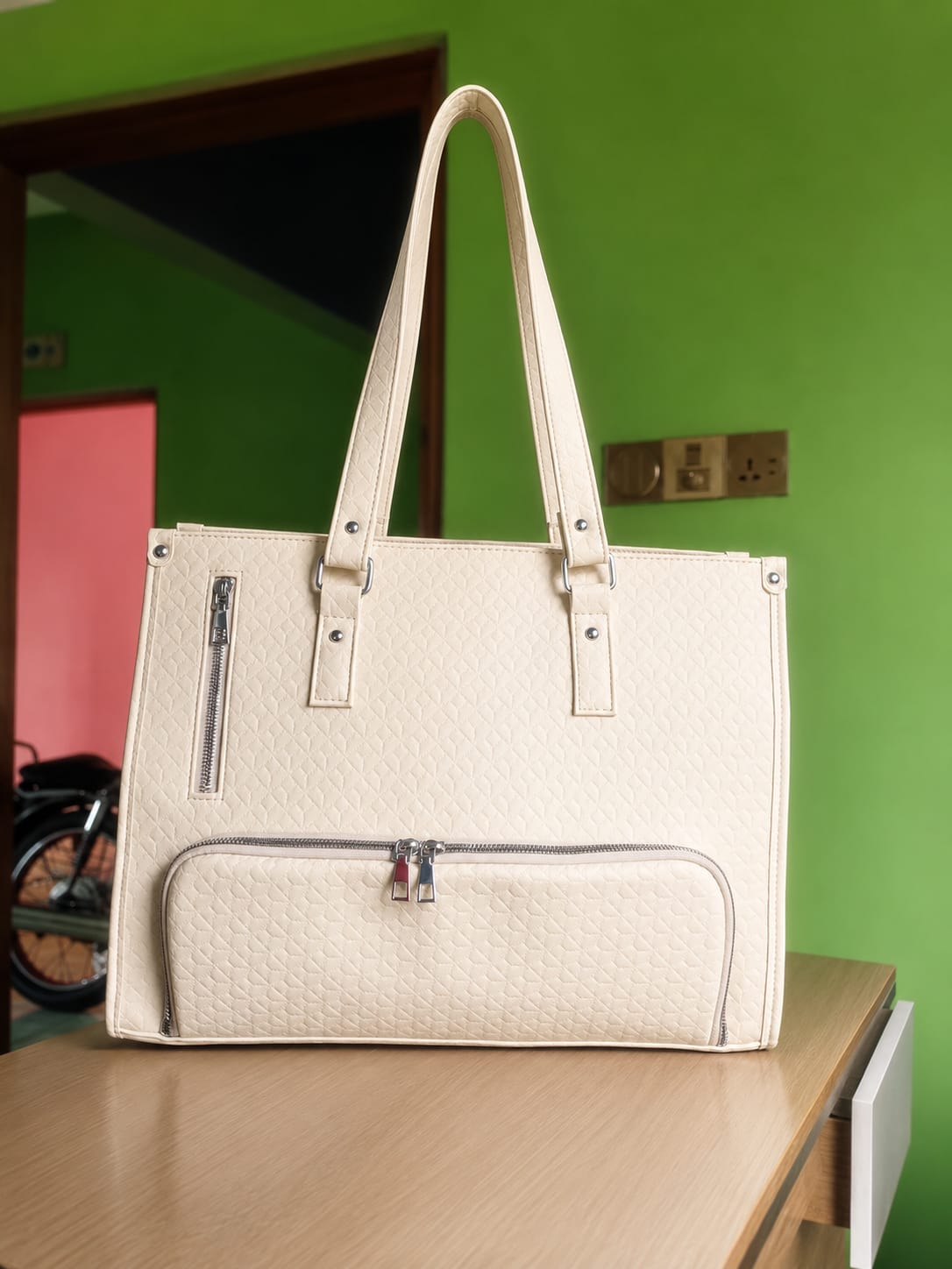 Office - Travel Tote Bag with Purse bag+Lunch Compartment Laptop  (Off White)