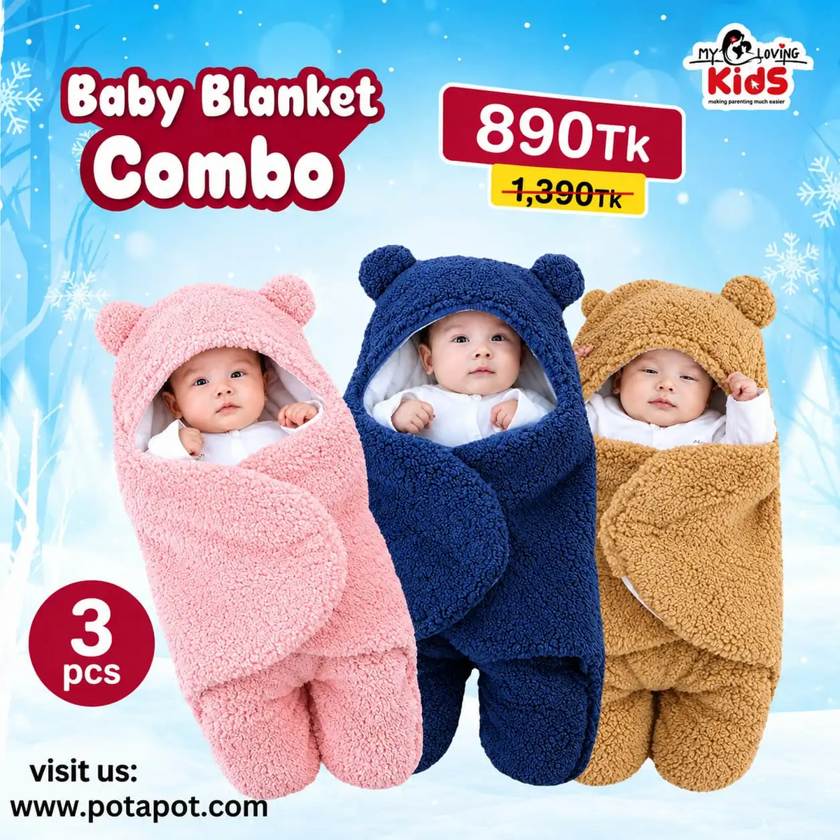3 PiecesComb- Newborn Soft Baby Blanket (Brown- Pink- Blue)