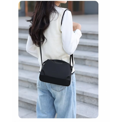 New Portable Nylon Cloth with Cowhide Shoulder Bag(Black)